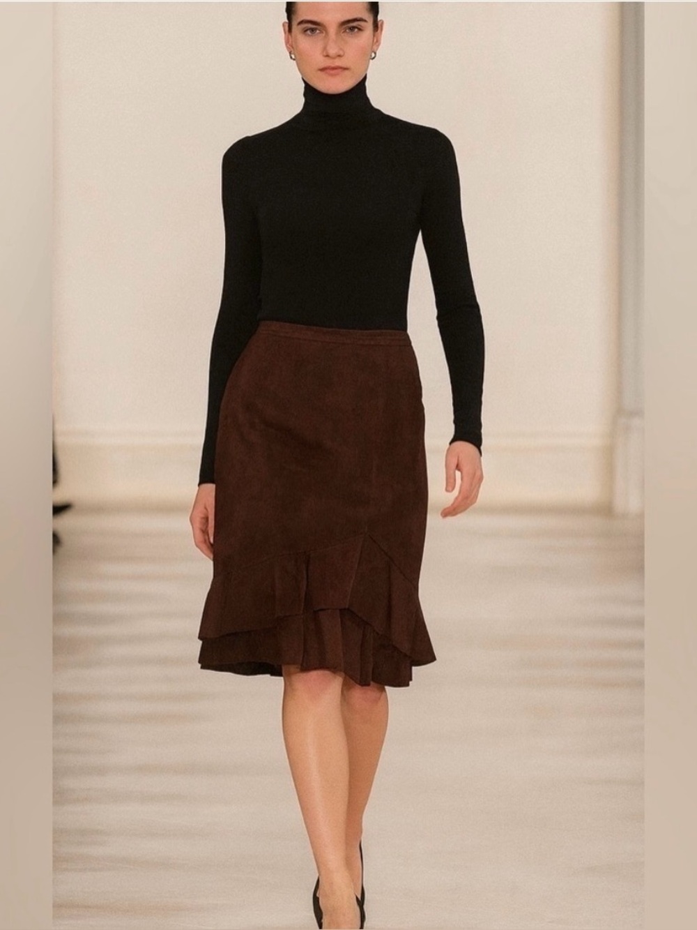 Vintage 100% Leather Suede Skirt 90s y2k Knee Ruffle Lined Slit GEORGIOU Studio